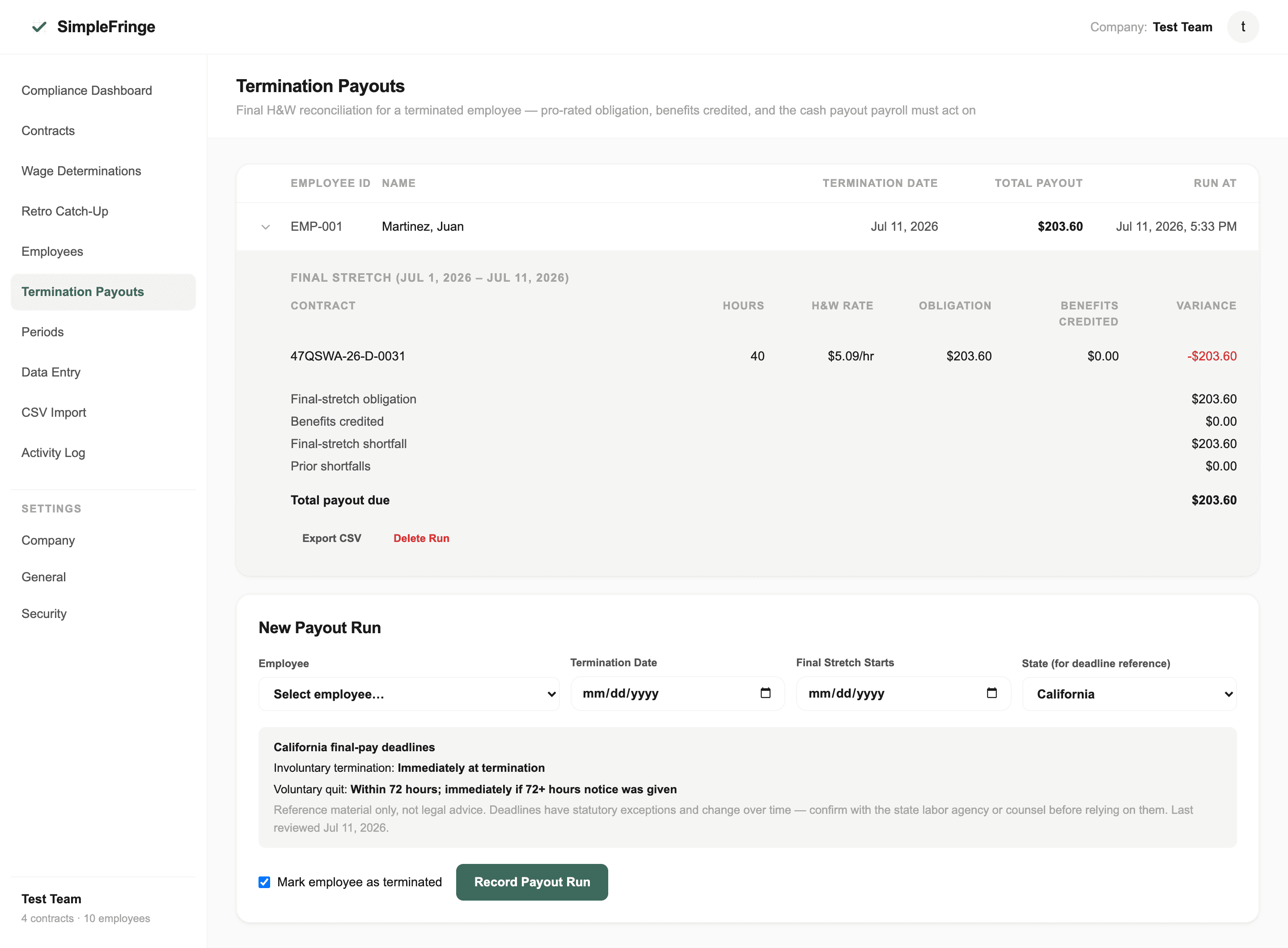 Termination Payouts screen with an expanded run showing per-contract final-stretch math, total payout due, and a state final-pay deadline reference