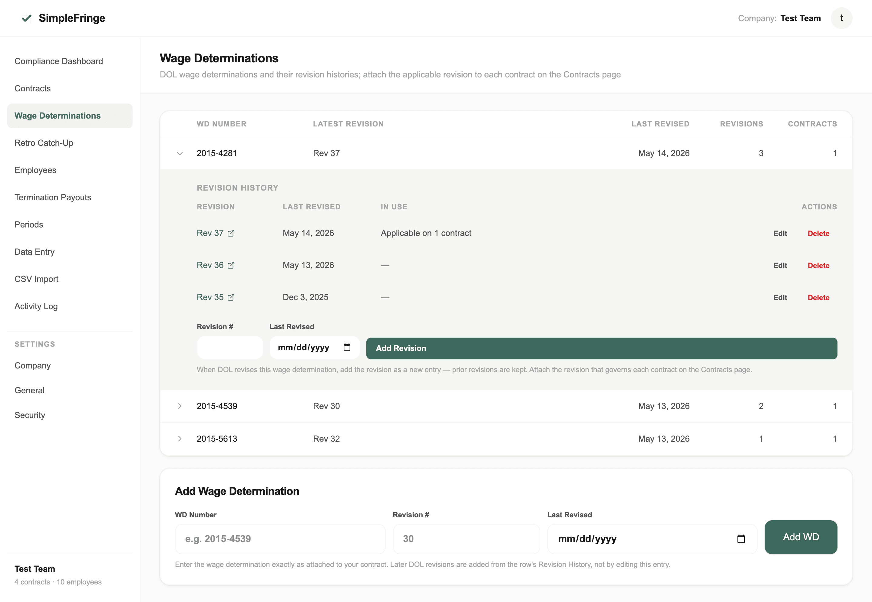 Wage Determinations screen with an expanded revision history showing three revisions, SAM.gov links, and contract applicability