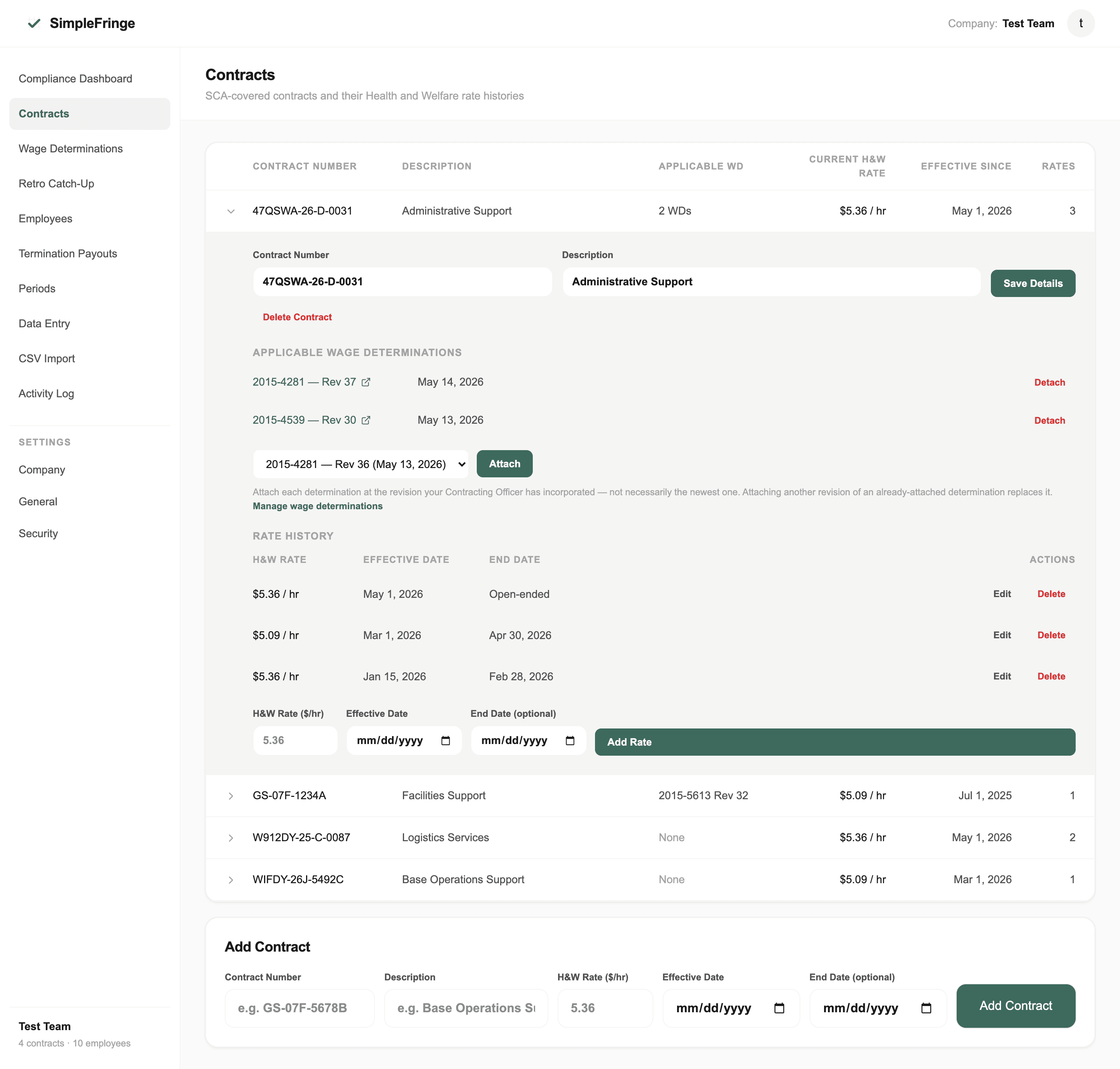 Contracts screen with an expanded panel showing two attached Wage Determinations and a three-entry H&W rate history