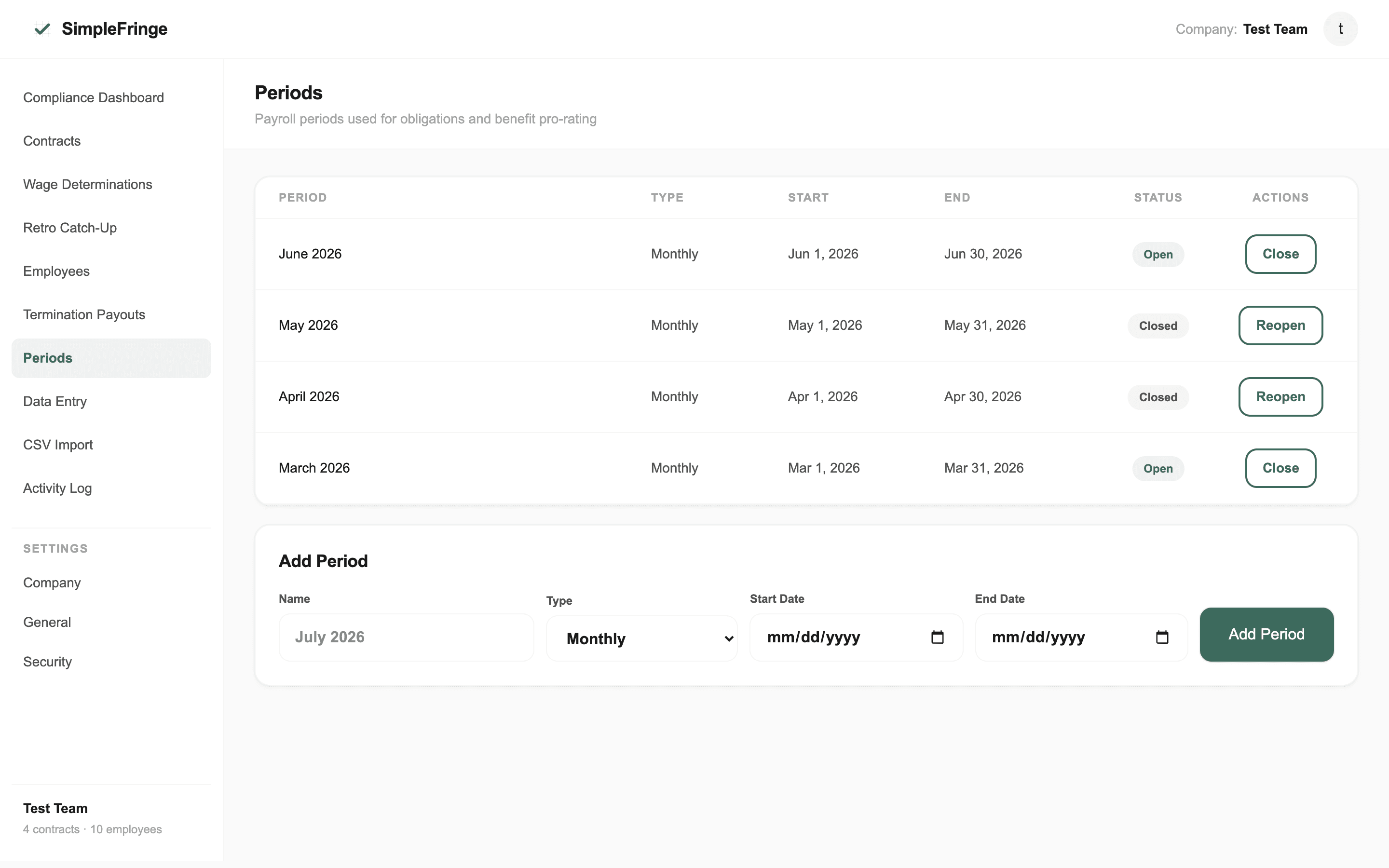 Periods screen showing Open and Closed status badges with Close and Reopen actions