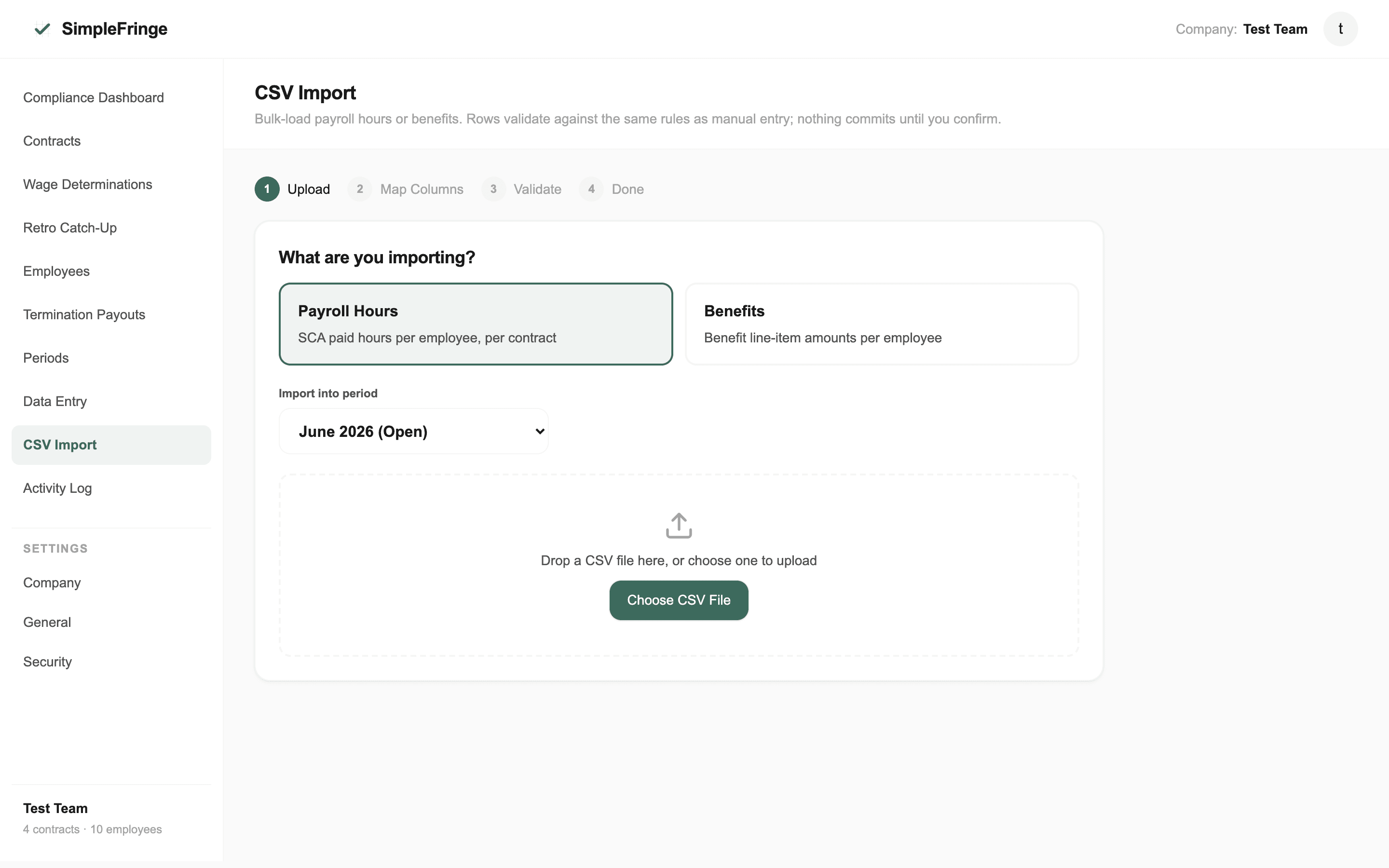 CSV Import wizard showing the four-step Upload, Map Columns, Validate, Done stepper with a Payroll Hours and Benefits choice