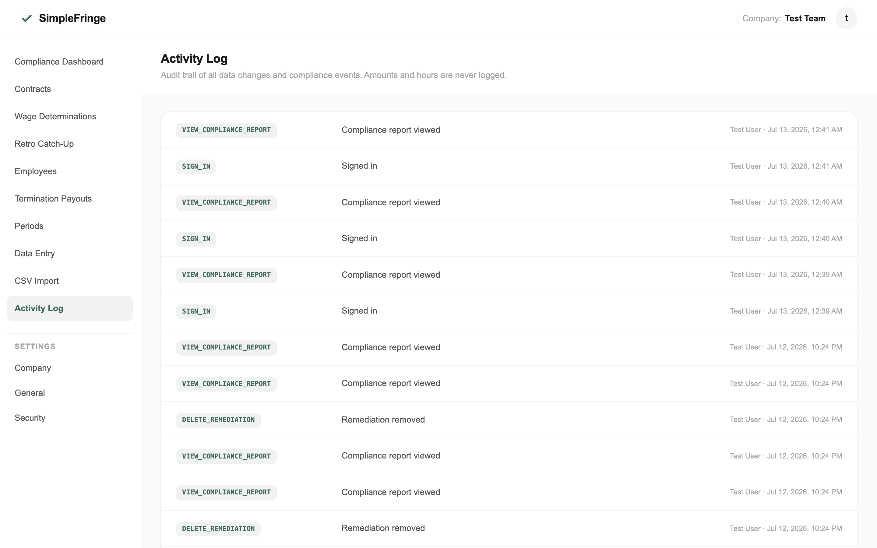 Activity Log screen showing an event stream with the subtitle noting that amounts and hours are never logged